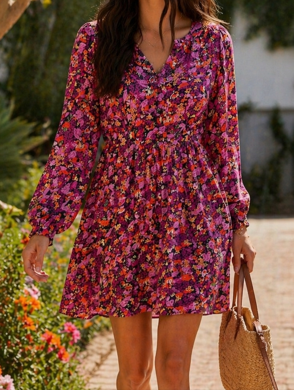 NWT FRNCH Paris Pink Floral Button-Front Dress 100% Viscose Long Sleeve Boho